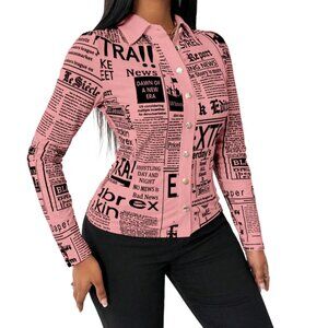 Women's Newspaper Print Button Down Shirt Long Sleeve Top Collar Slim Fit Blouse